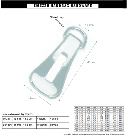 Zipper puller nickel 45X19 mm./ 10 mm.