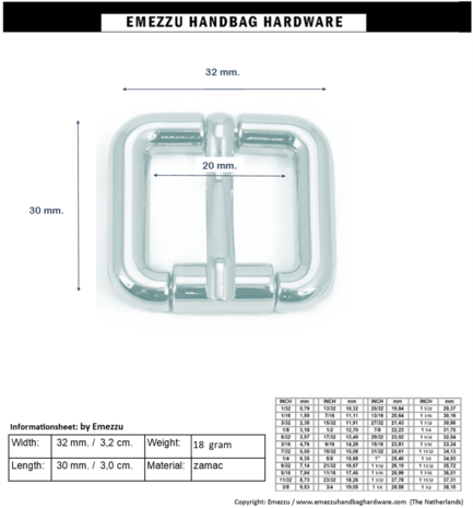 Roller buckle nickel 32X30 /20 mm.