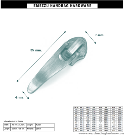 Zipper slider Brass brushed 35 X 4 /6 mm. Zipper slider