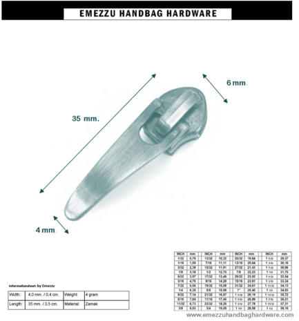 Zipper nikkel 35x4 mm.