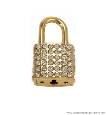 Top handle, padlock closure, logo stamped all over, gold…